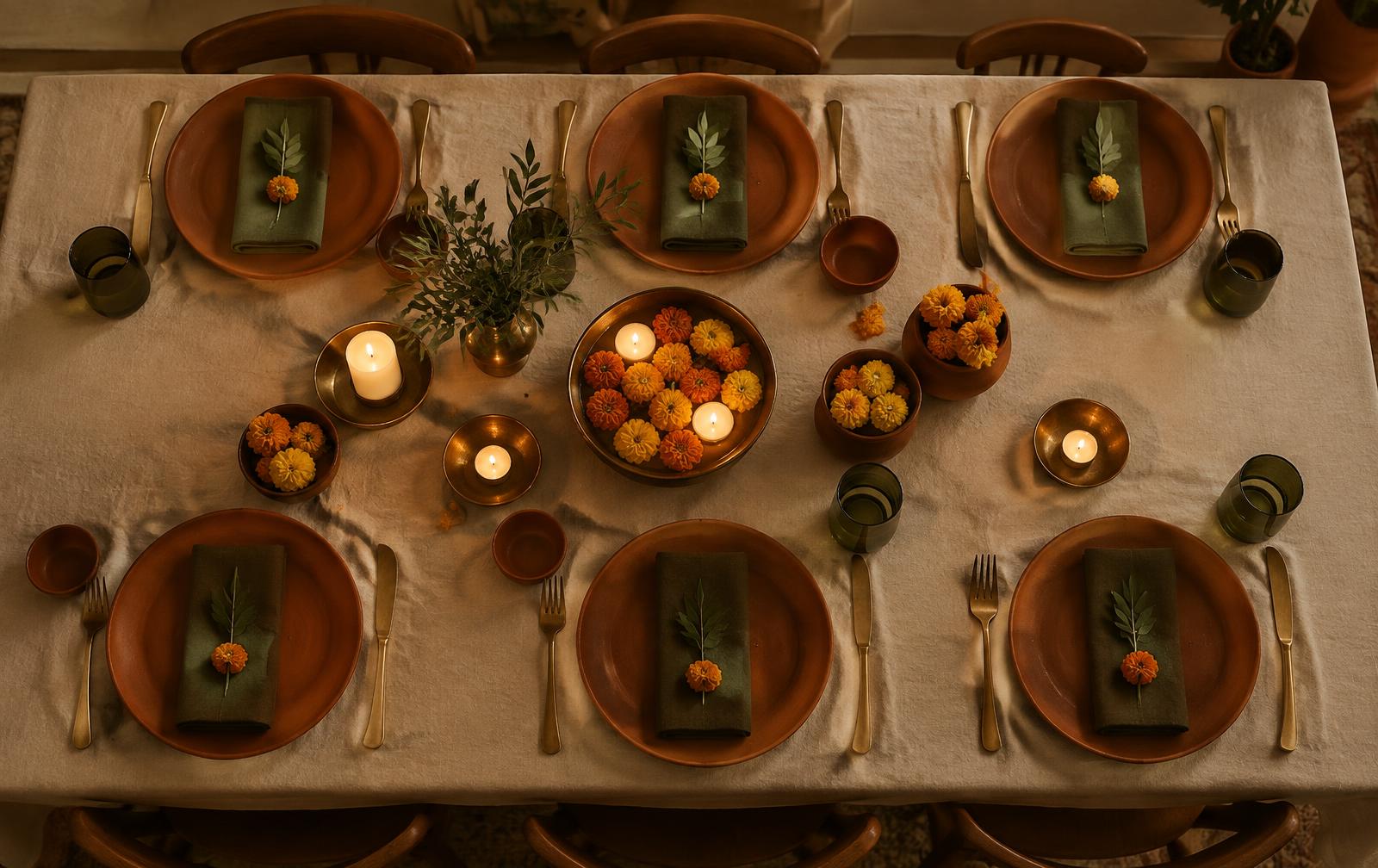 A long table set for dinner at home