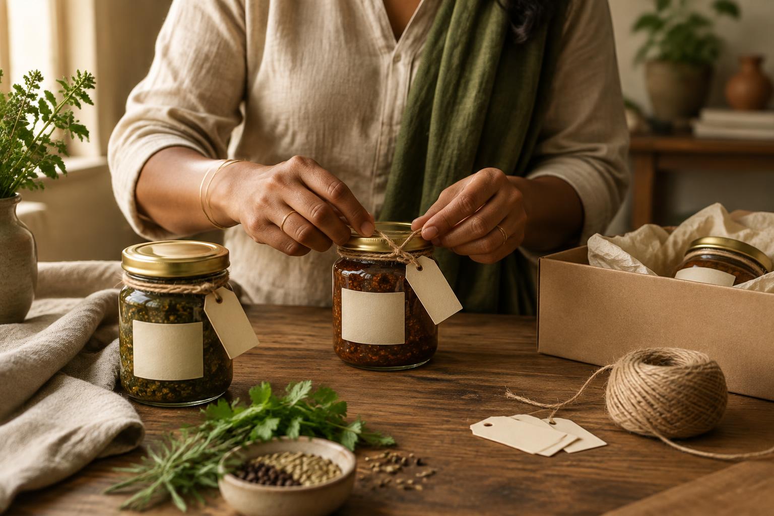 Small-batch jars being wrapped by hand in the wandering kitchen